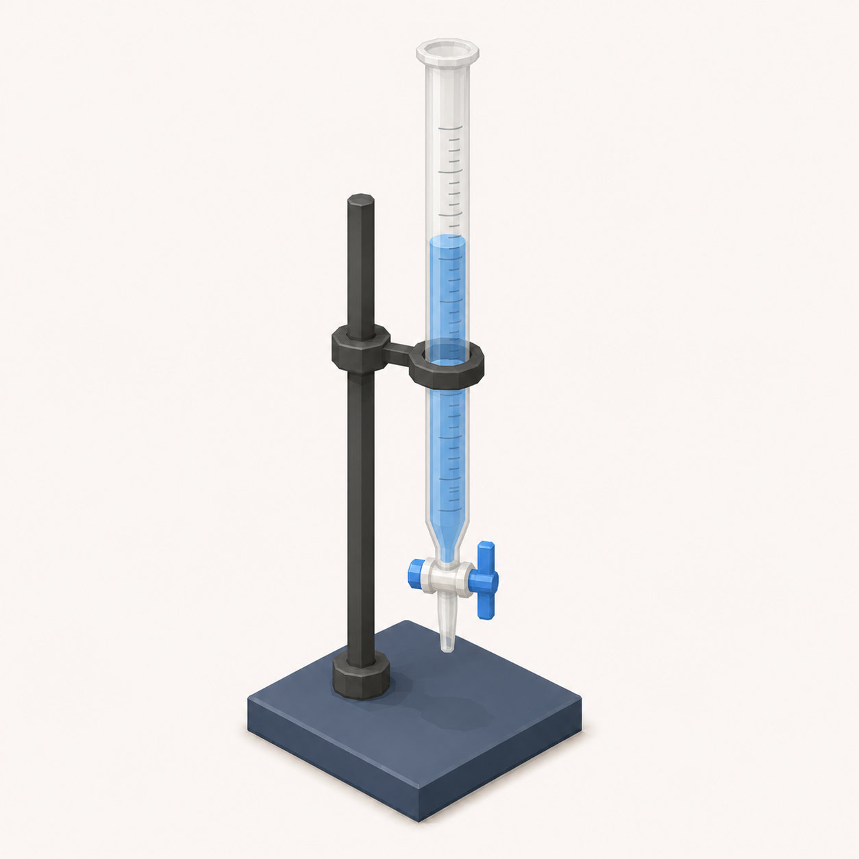 Burette with a tap, clamped to a stand