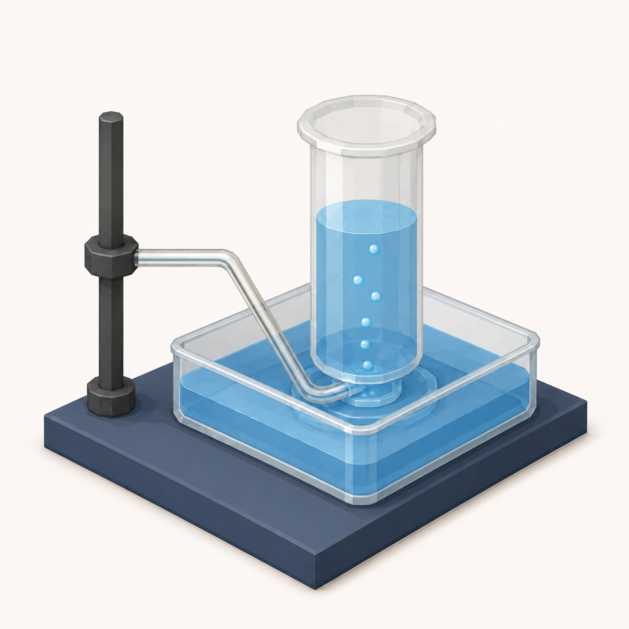 Collecting a gas over water: gas bubbles up into a water-filled cylinder