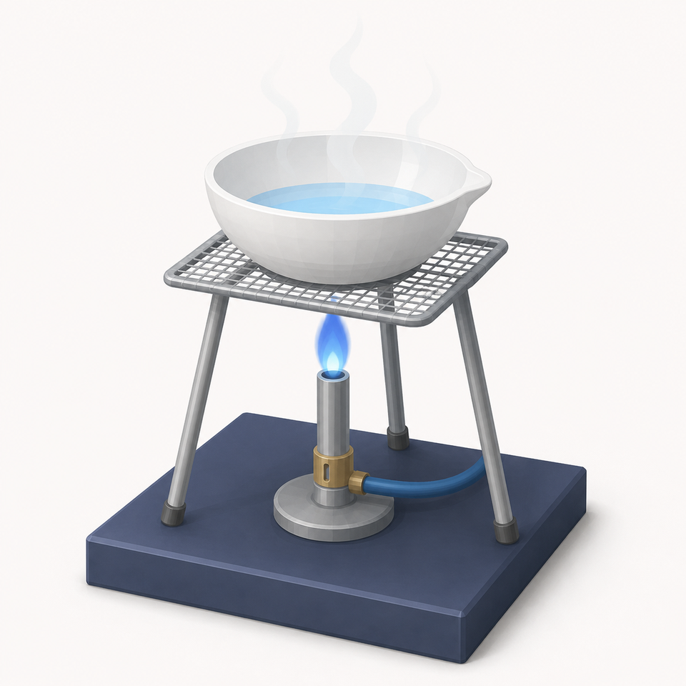 An evaporating dish of solution heated on a tripod until the solvent boils off, leaving the solid