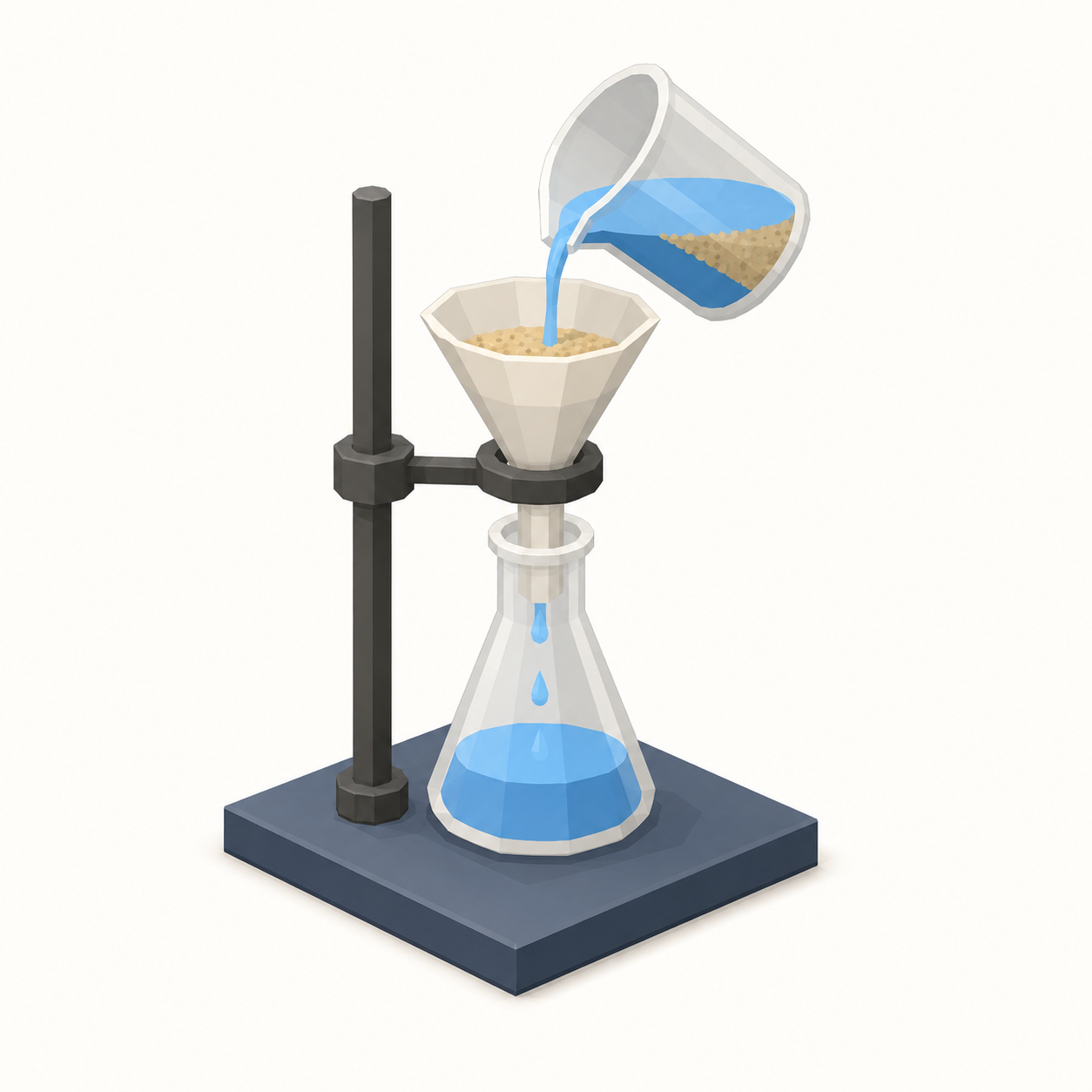 Filtration: mixture poured through filter paper in a funnel over a conical flask