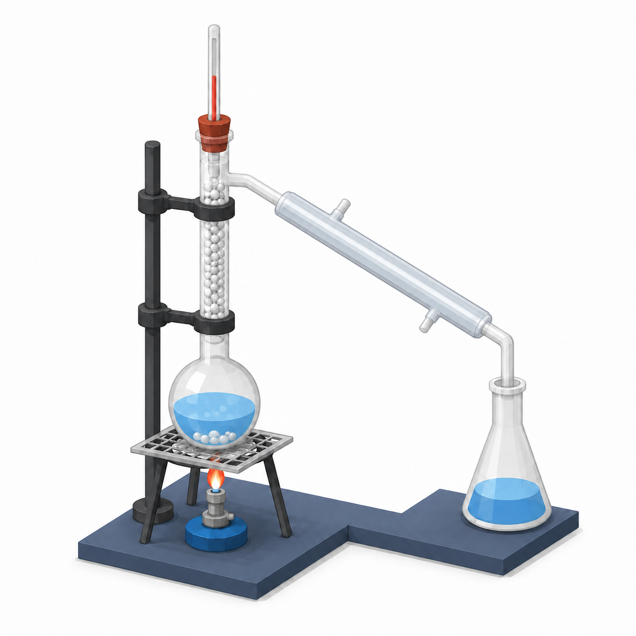 Fractional distillation: fractionating column packed with beads above the flask