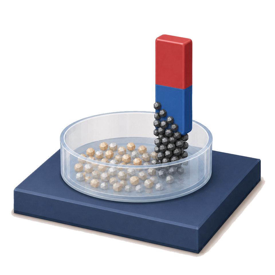 A bar magnet lifting magnetic filings out of a dish of mixed solids