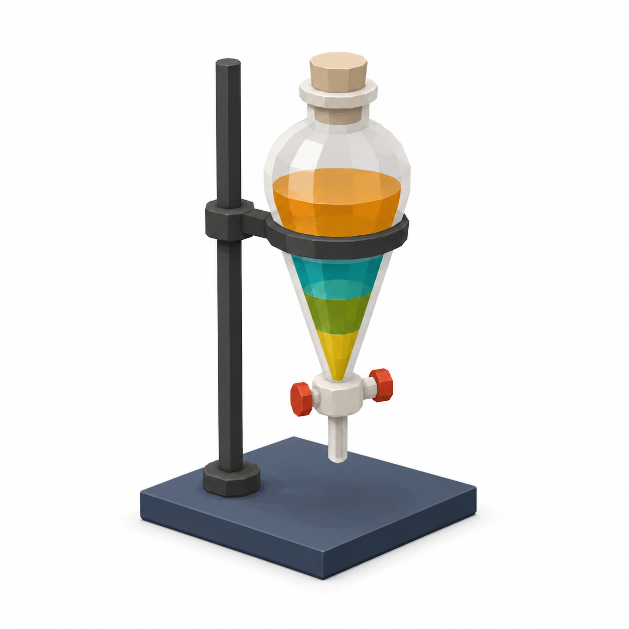 Separating funnel with two liquid layers and a tap at the bottom