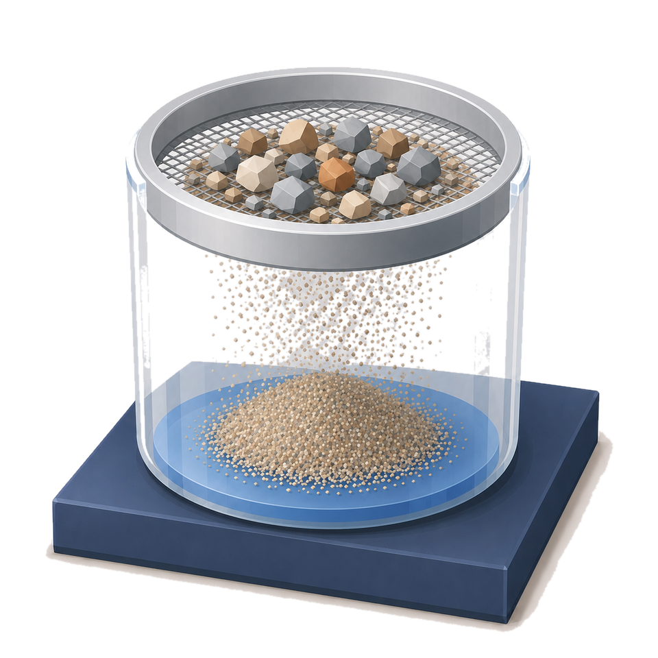 A sieve: large pebbles stay on the mesh while fine powder falls through into a dish below