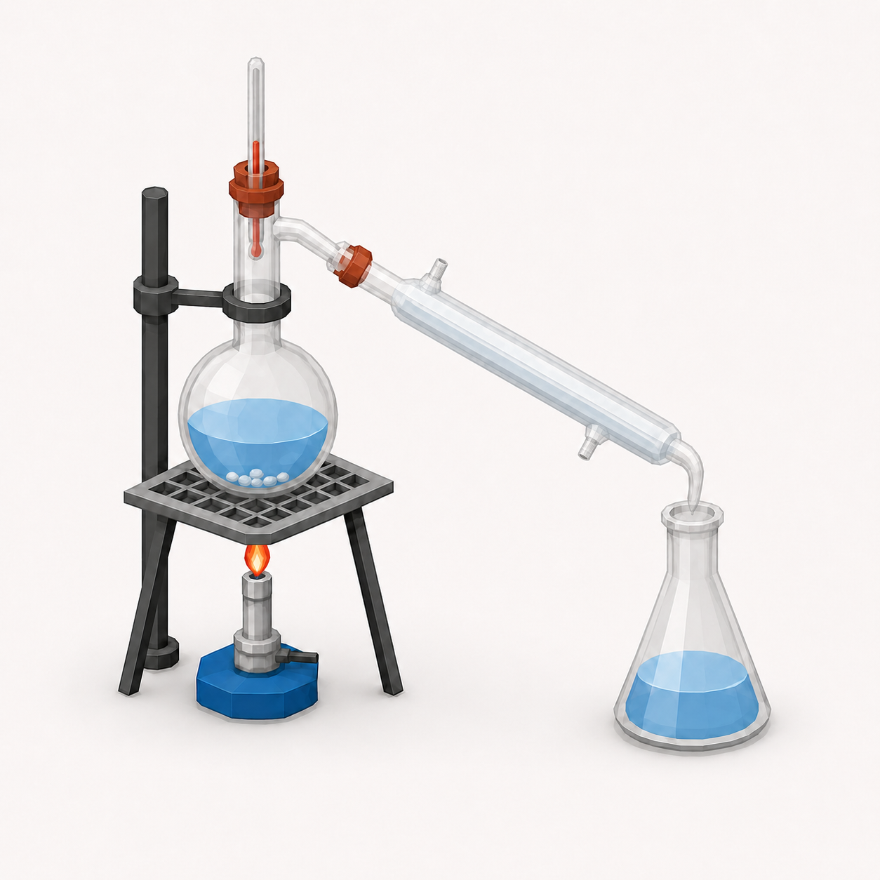 Simple distillation: flask, thermometer, condenser and receiving flask