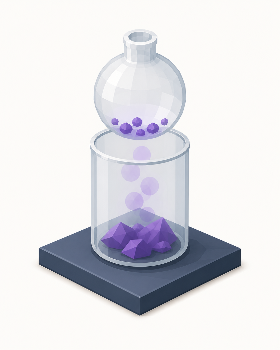 Sublimation: iodine warmed in a beaker, purple vapour re-forming on a cold flask held above