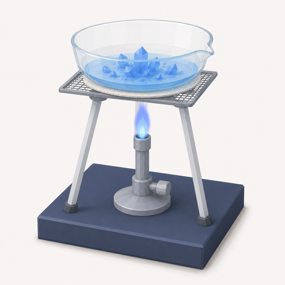 Blue copper(II) sulfate crystals grown in an evaporating dish on a tripod over a Bunsen flame